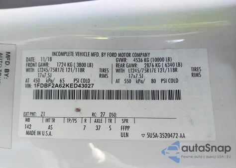 2019 Ford F-250 Xl из США, поврежденный, VIN 1FDBF2A62KED43027